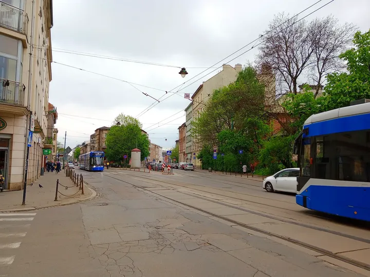 A tram on the Miodowa approach at Miodowa Street