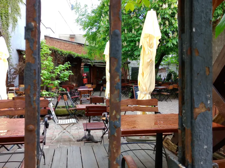 Timber seating under the trees at Mleczarnia courtyard