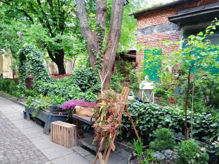 Greenery and brick planters at Mleczarnia courtyard