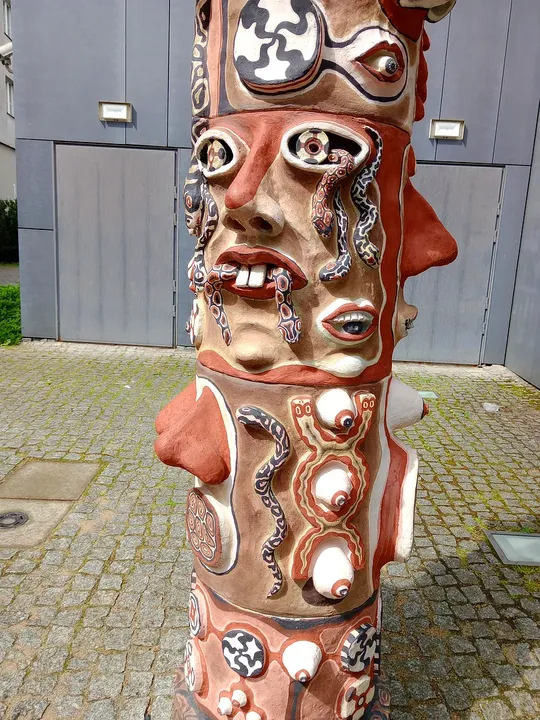 A painted sculptural detail outside at MOCAK contemporary art museum