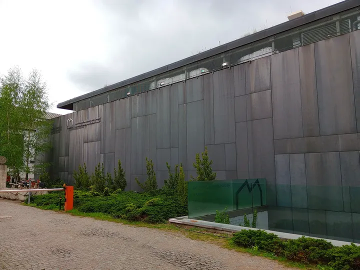 The museum’s long exterior wall at MOCAK contemporary art museum