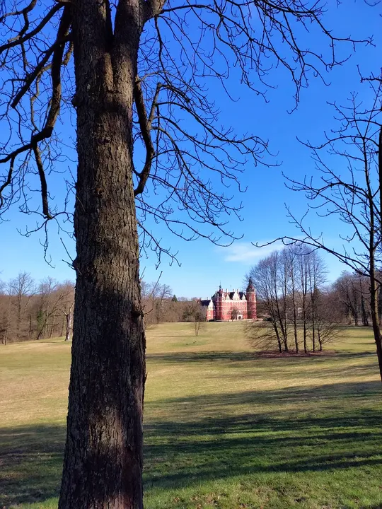 Open lawn towards the distant palace at Muskau Park