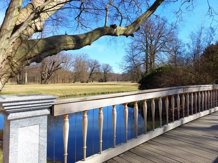 View across the bridge railing at Muskau Park