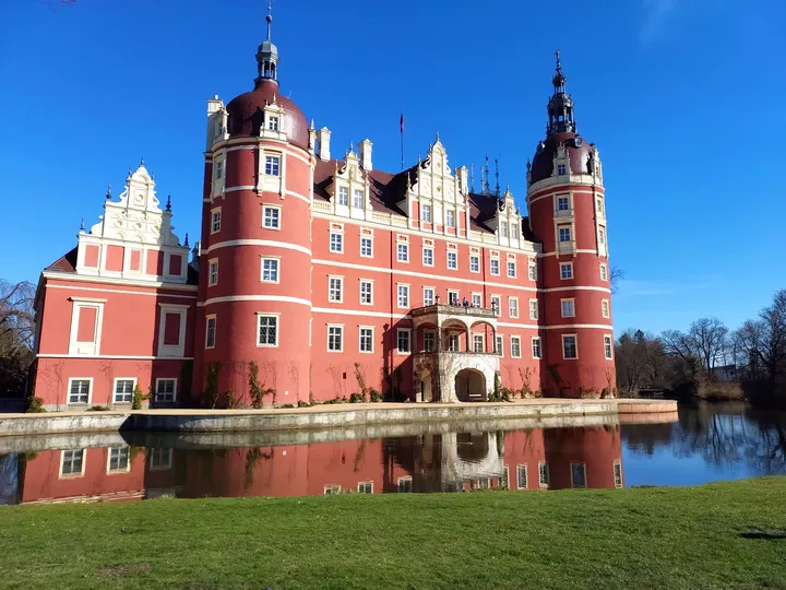 The castle reflected in the lake at New Castle, Bad Muskau