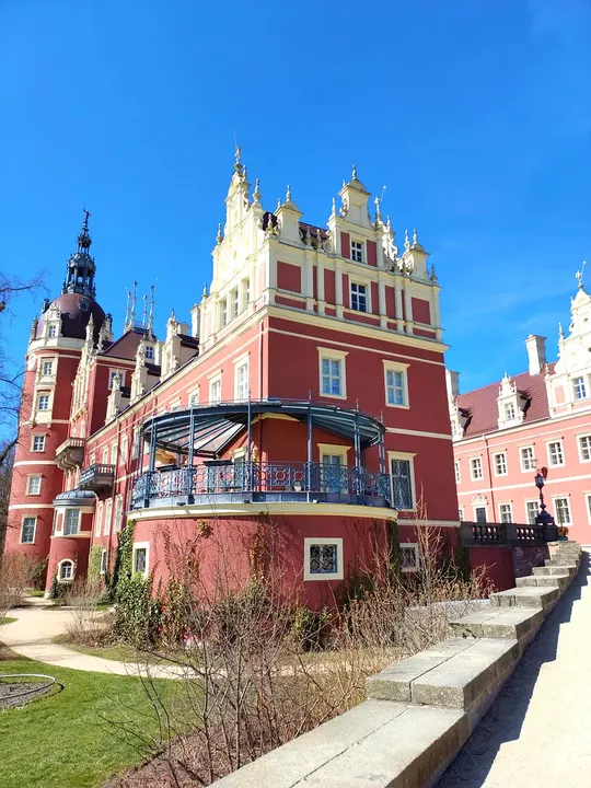 The red castle façade and tower at New Castle, Bad Muskau