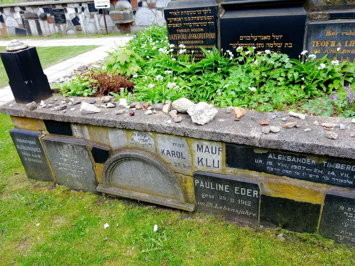 A grave surrounded by flowering plants at New Jewish Cemetery, Kraków