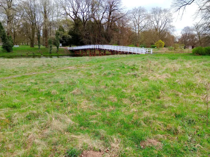 Open green ground beside the paths at Palace Park, Żagań