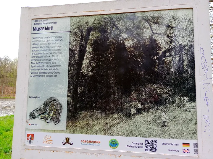 Old photographs on a park display at Palace Park, Żagań