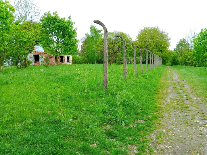 Garden boundary beside the slope at Peace Bells Garden, Kraków