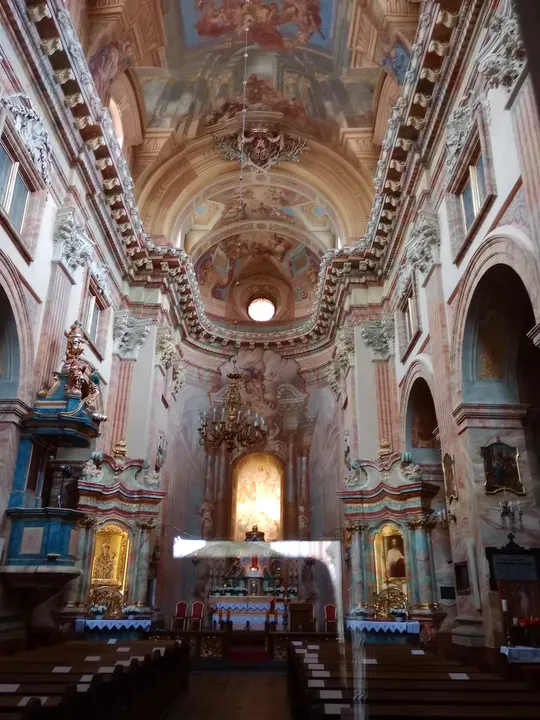 The painted church interior at Piarist Church of the Transfiguration
