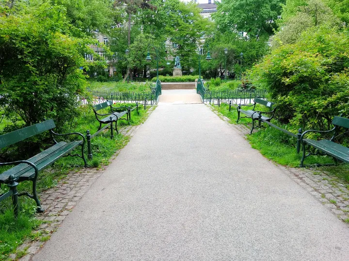 A long path through the tree canopy at Planty beside Pijarska Street