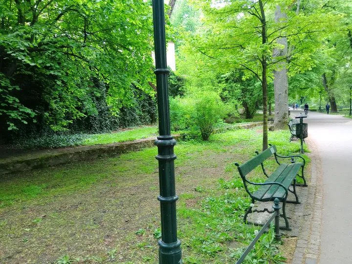 A bench beneath the trees at Planty beside Pijarska Street