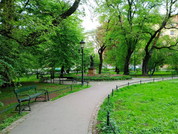 The avenue beneath spring trees at Planty beside Pijarska Street