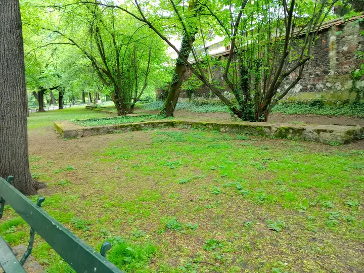 The spring lawn beside the park path at Planty beside Pijarska Street