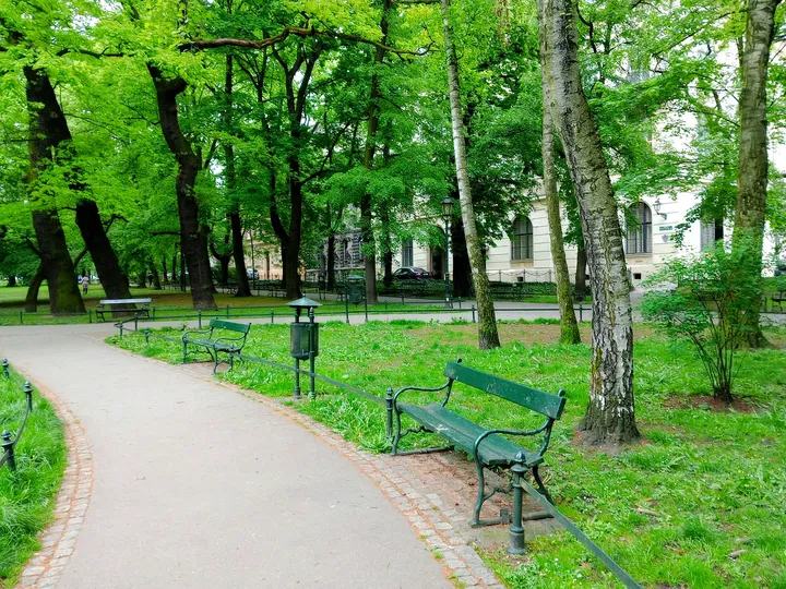 A bench on the curved path at Planty beside Pijarska Street