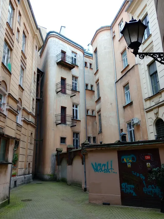 A narrow space between older buildings at Planty beside Pijarska Street