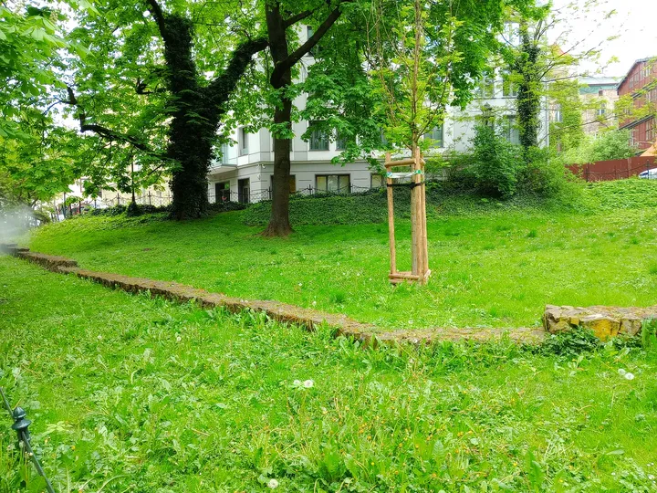 The spring lawn and park path at Planty beside Westerplatte Street
