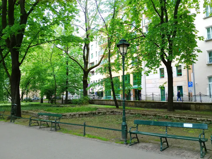 Benches beneath the tree canopy at Planty: Station Garden