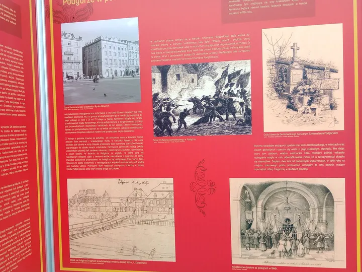 Photographs on a history panel at Podgórze Market Square
