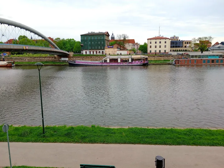 River and buildings on the opposite bank at Podolski river boulevard