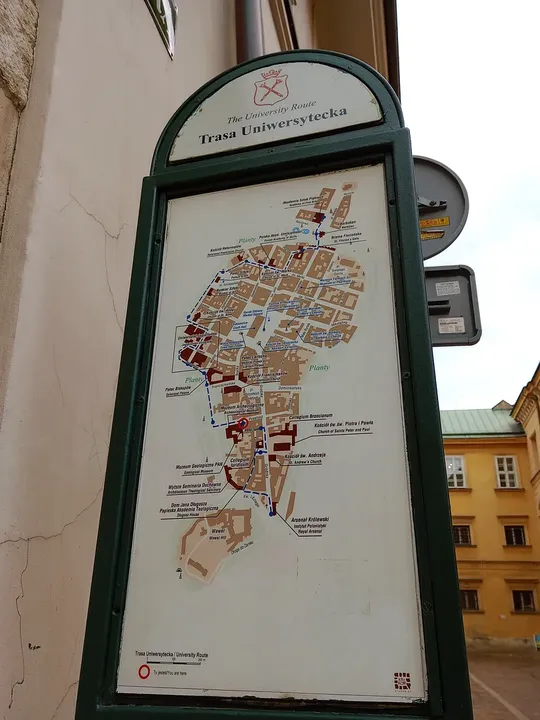 A Planty route board nearby at Poselska Street