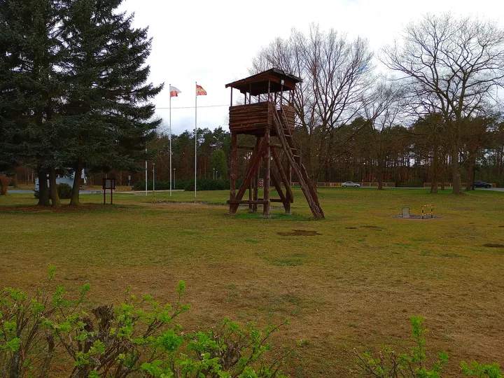A watchtower on the open grounds at Prisoner-of-War Camps Museum, Żagań