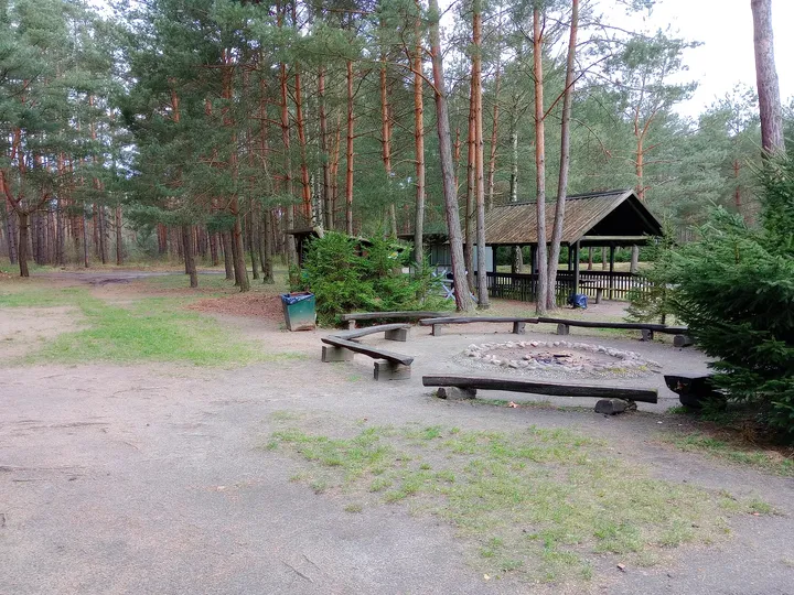 Outdoor tables beside the memorial grounds at Prisoner-of-War Camps Museum, Żagań