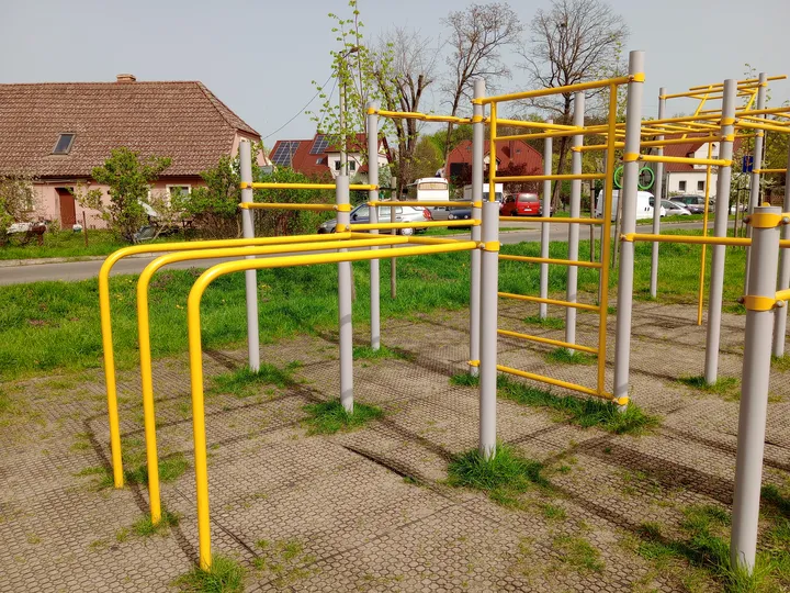 Yellow workout frame in the open grounds at Przylep outdoor exercise ground