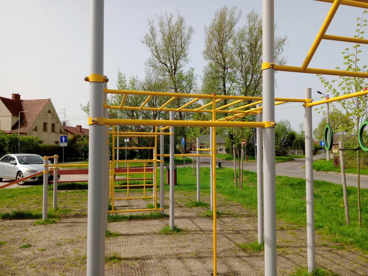 Tall station near the park trees at Przylep outdoor exercise ground