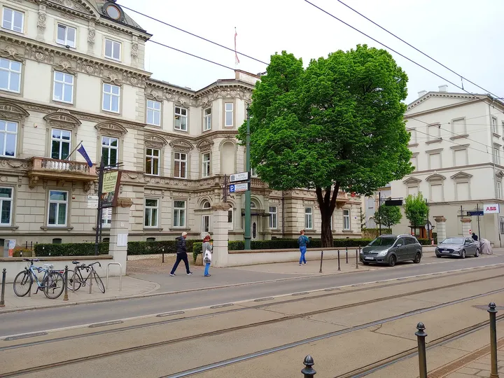 Frontage seen across the road at Puget Palace