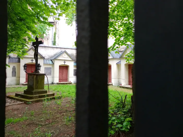 Trees shading the enclosed chapel row at Reformacka Street