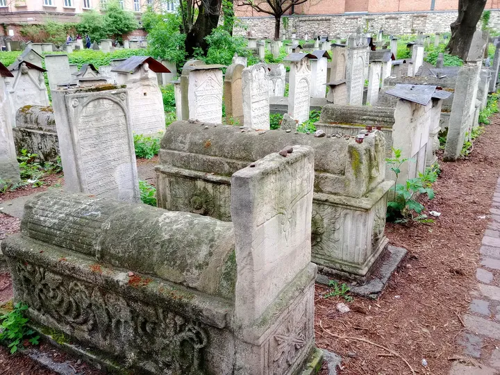 Closely spaced old headstones at Remuh Cemetery
