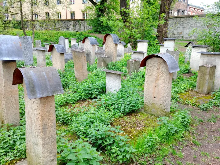 Stone markers among the spring greenery at Remuh Cemetery