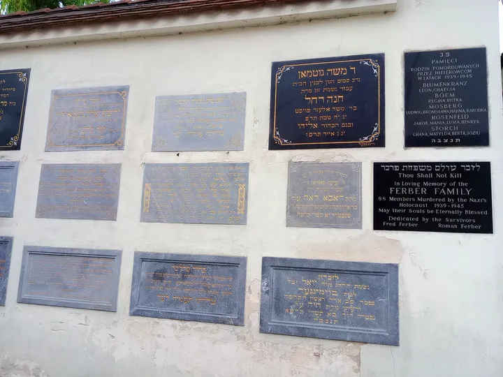 Memorial tablets on the exterior wall at Remuh Synagogue