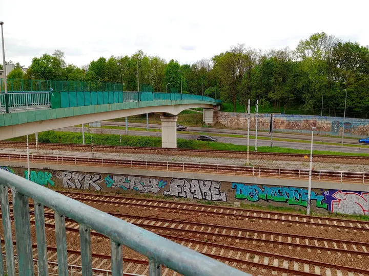 Railings and sloping walkway at Riverside ramped crossing, Kraków