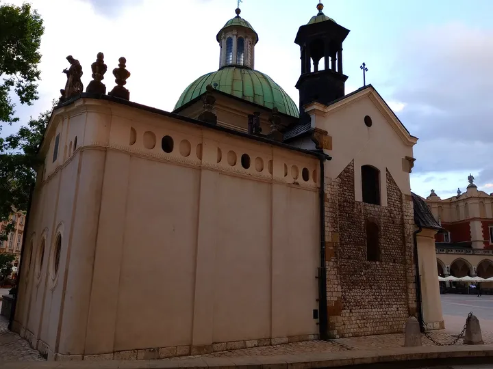 Church wall beside the square’s paving at Saint Adalbert’s Church, Kraków