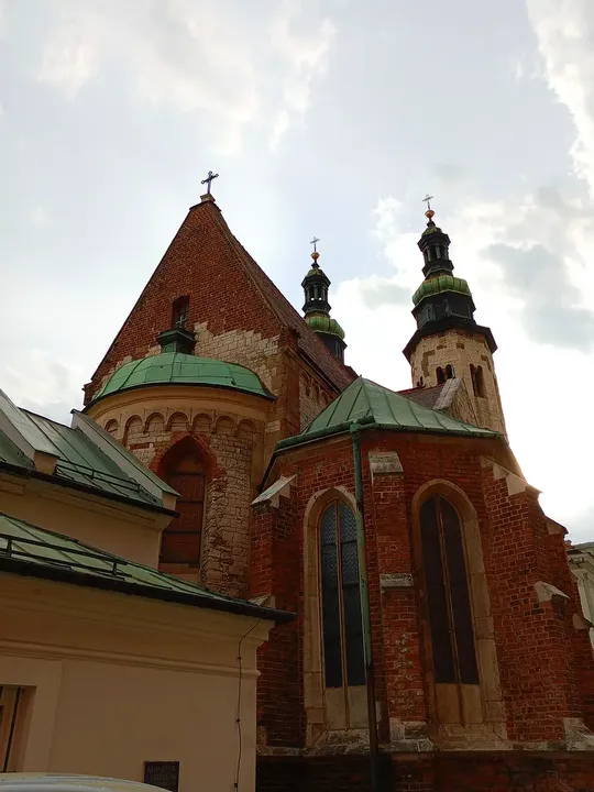 Brick apse below the twin church towers at Saint Andrew’s Church, Kraków
