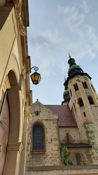 Tower seen from the passage below at Saint Andrew’s Church, Kraków