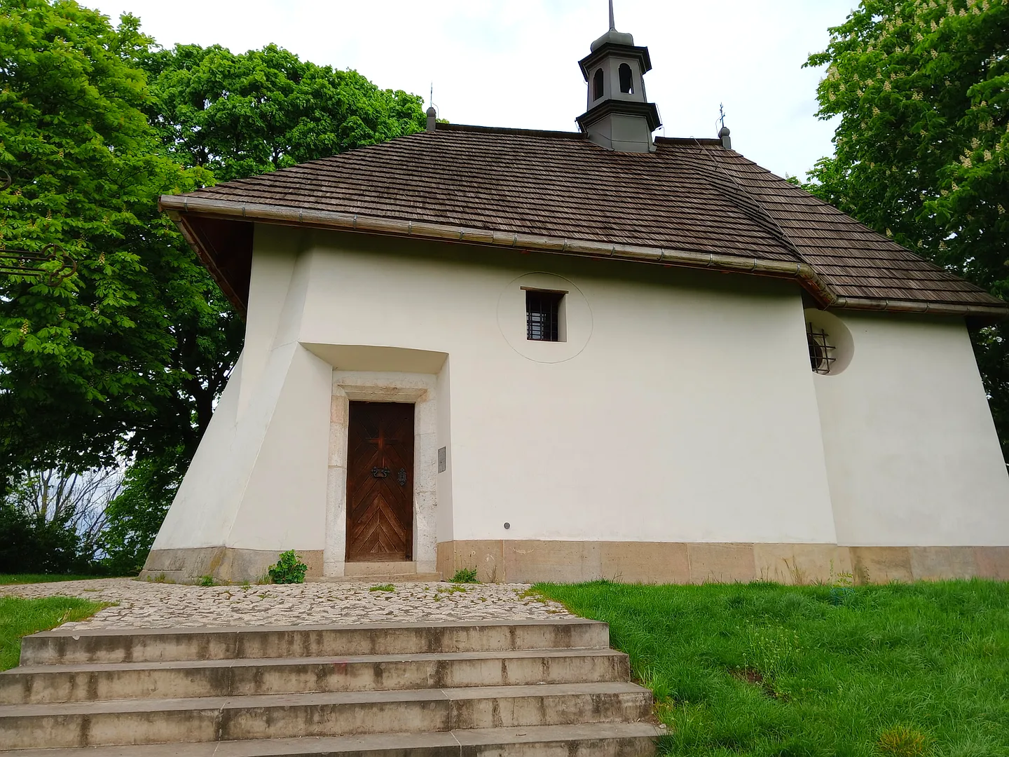 The small white church and its steps at Saint Benedict’s Church, Kraków