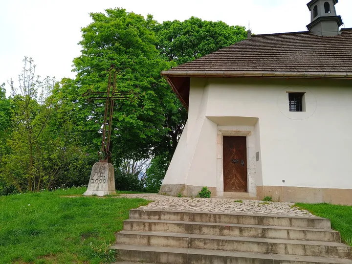 The church entrance above the lawn at Saint Benedict’s Church, Kraków
