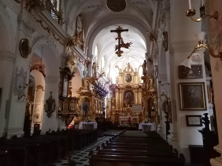 Nave and illuminated main altar at Saint Florian’s Church, Kraków