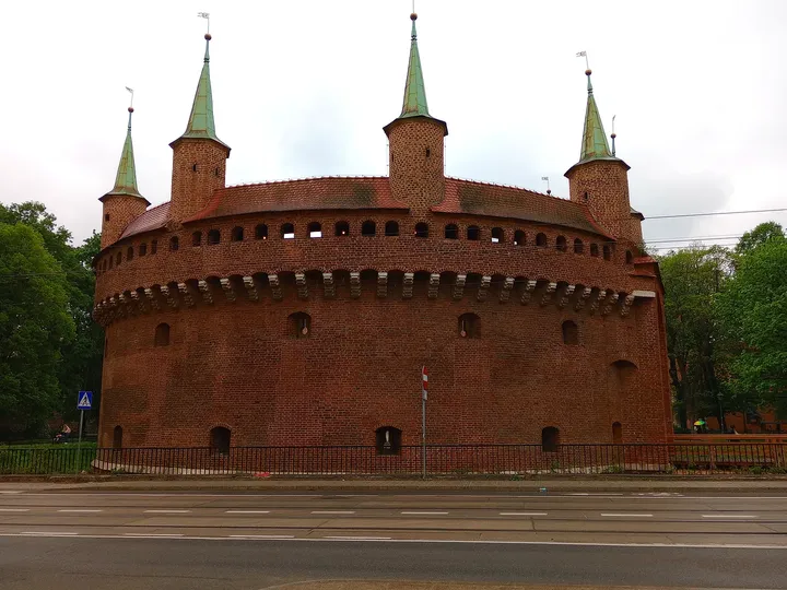 Barbican towers above the circular wall at Saint Florian’s Gate