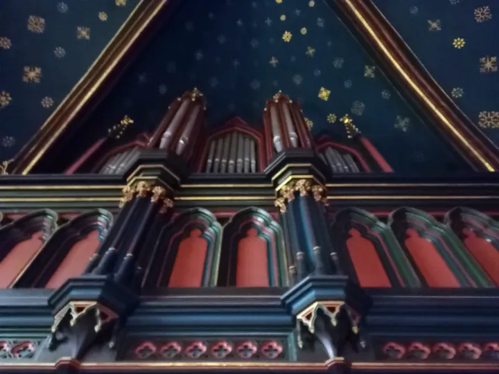 The organ gallery above the entrance at Saint Francis of Assisi Basilica, Kraków