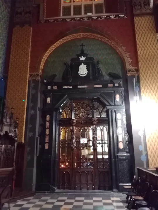 The church entrance seen from inside at Saint Francis of Assisi Basilica, Kraków