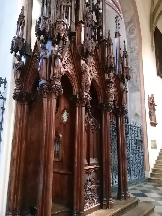 A carved furnishing inside the church at Saint Hyacinth’s shrine