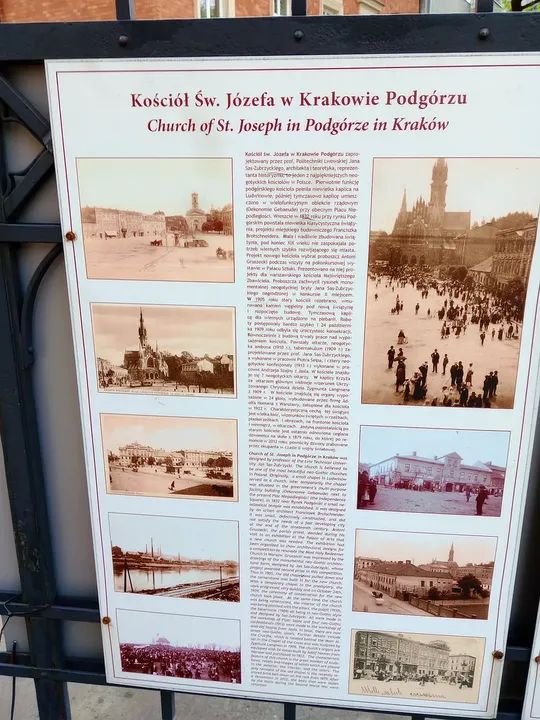 A board showing the church’s history at Saint Joseph’s Church, Podgórze