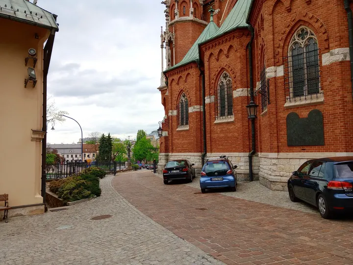 The street along the church’s side wall at Saint Joseph’s Church, Podgórze