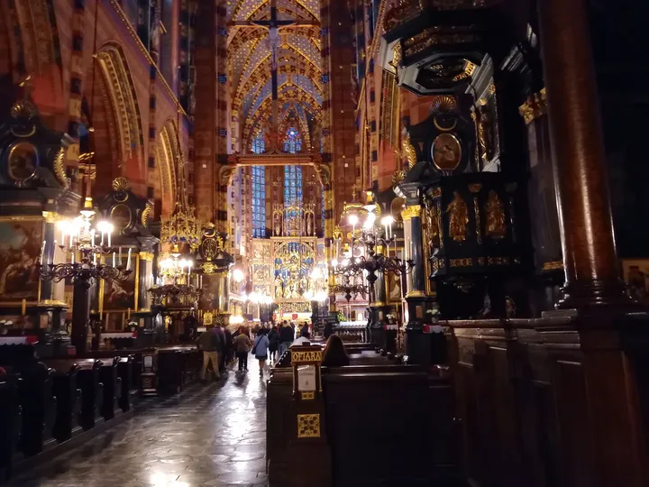 The nave and painted interior at Saint Mary’s Basilica, Kraków