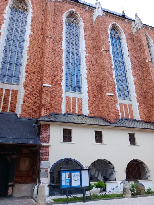 Windows above the church’s stone base at Saint Mary’s Square
