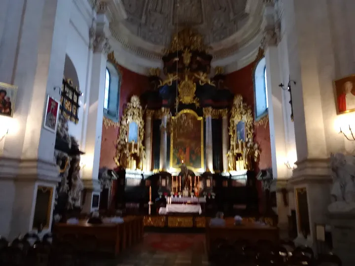 The altar beyond the pews at Saints Peter and Paul Church, Kraków